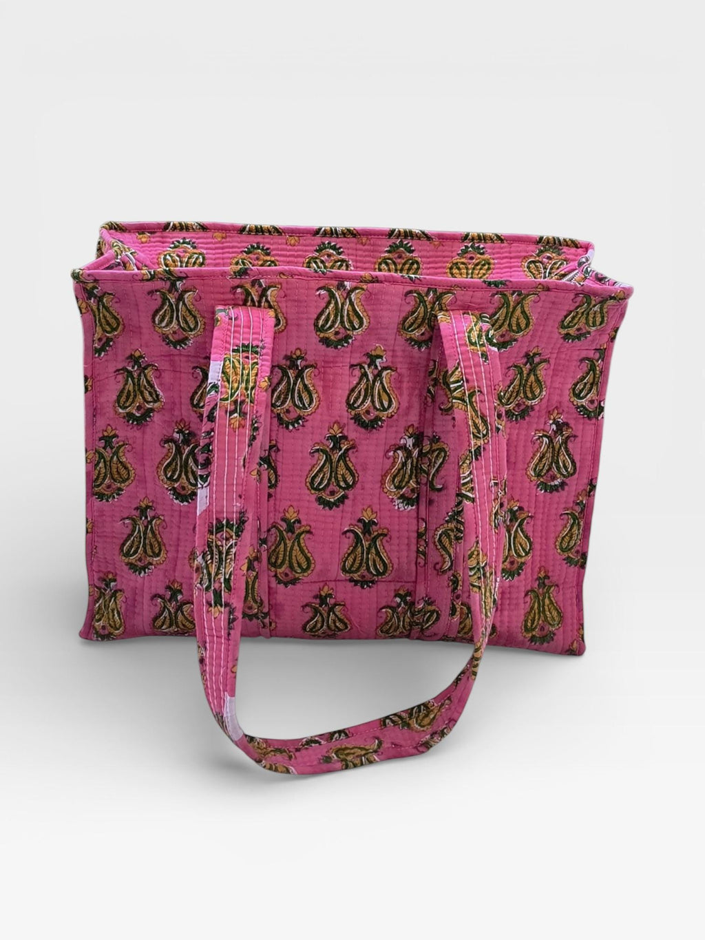 Pink Block Print Quilted Tote Bag, Handmade Cotton Tote, Indian Blockprint Shoulder Bag, Boho Everyday Bag, Reusable Shopping Bag