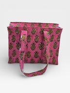 Pink Block Print Quilted Tote Bag, Handmade Cotton Tote, Indian Blockprint Shoulder Bag, Boho Everyday Bag, Reusable Shopping Bag