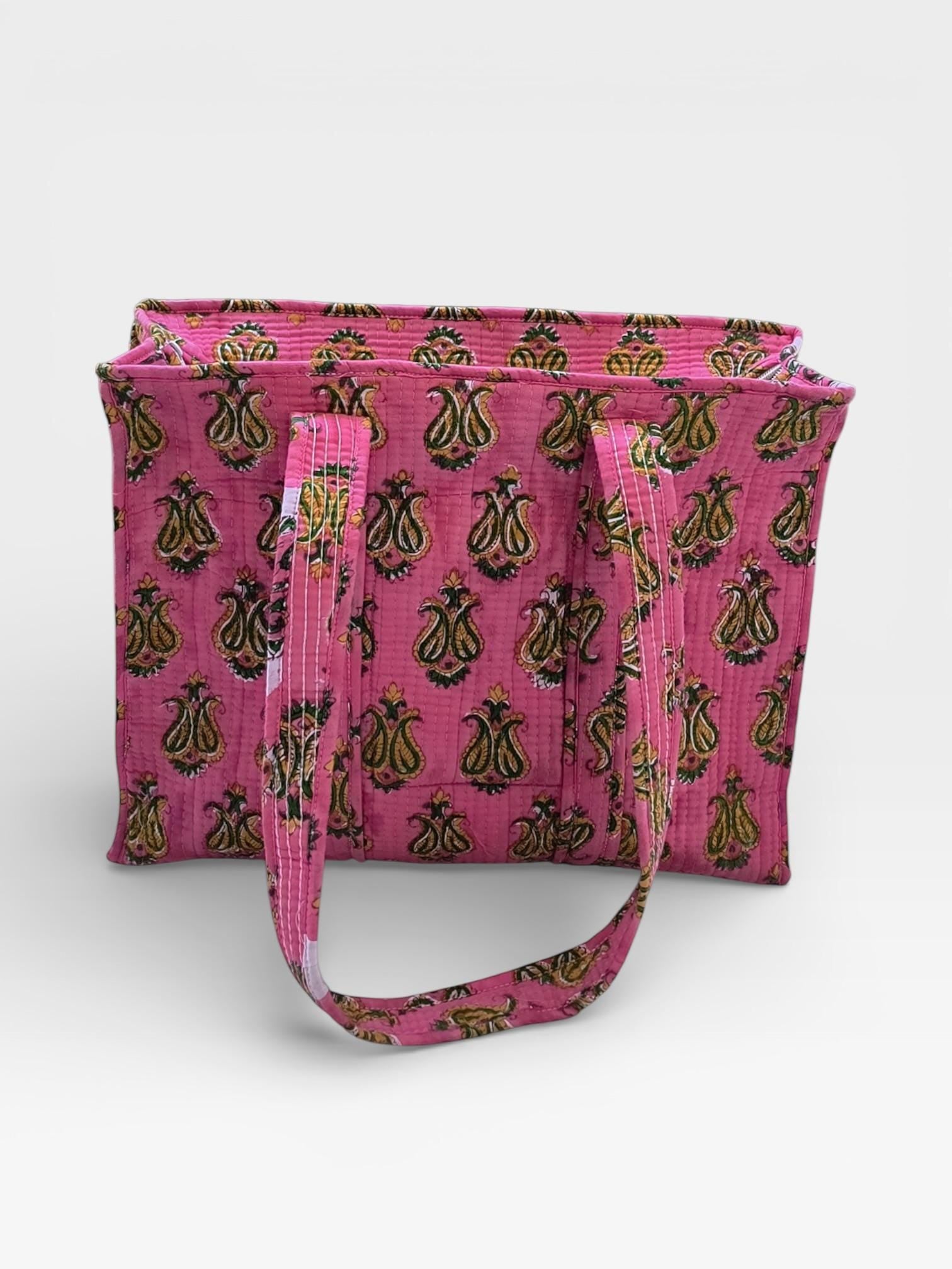 Pink Block Print Quilted Tote Bag, Handmade Cotton Tote, Indian Blockprint Shoulder Bag, Boho Everyday Bag, Reusable Shopping Bag