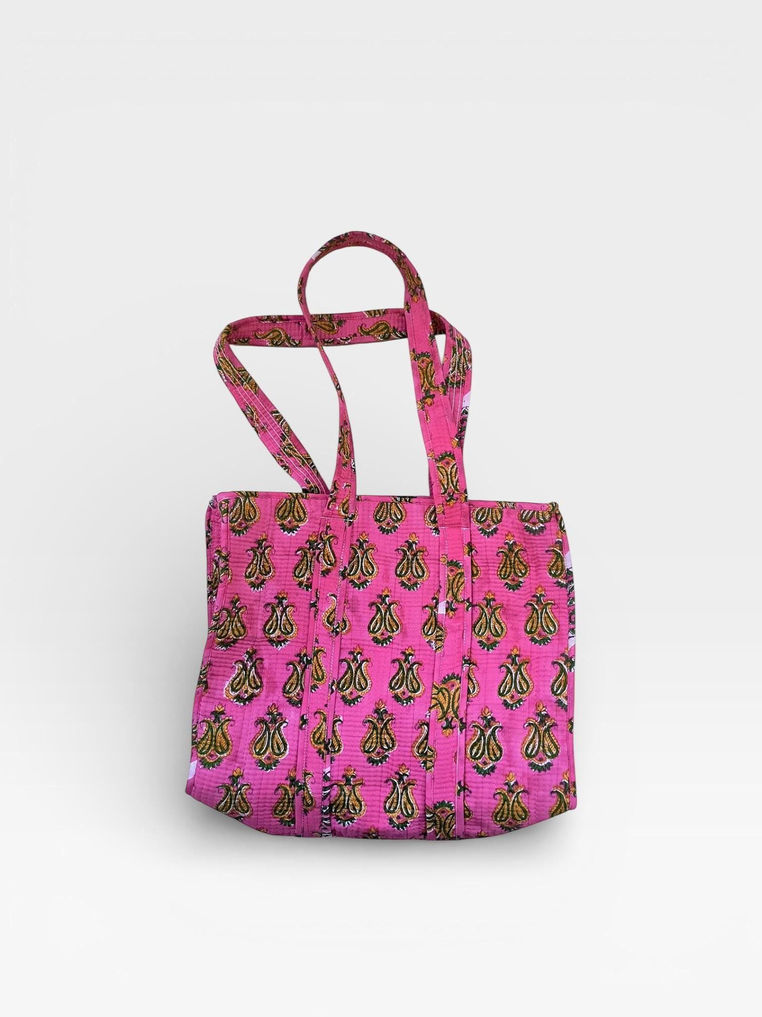 Pink Block Print Quilted Tote Bag, Handmade Cotton Tote, Indian Blockprint Shoulder Bag, Boho Everyday Bag, Reusable Shopping Bag