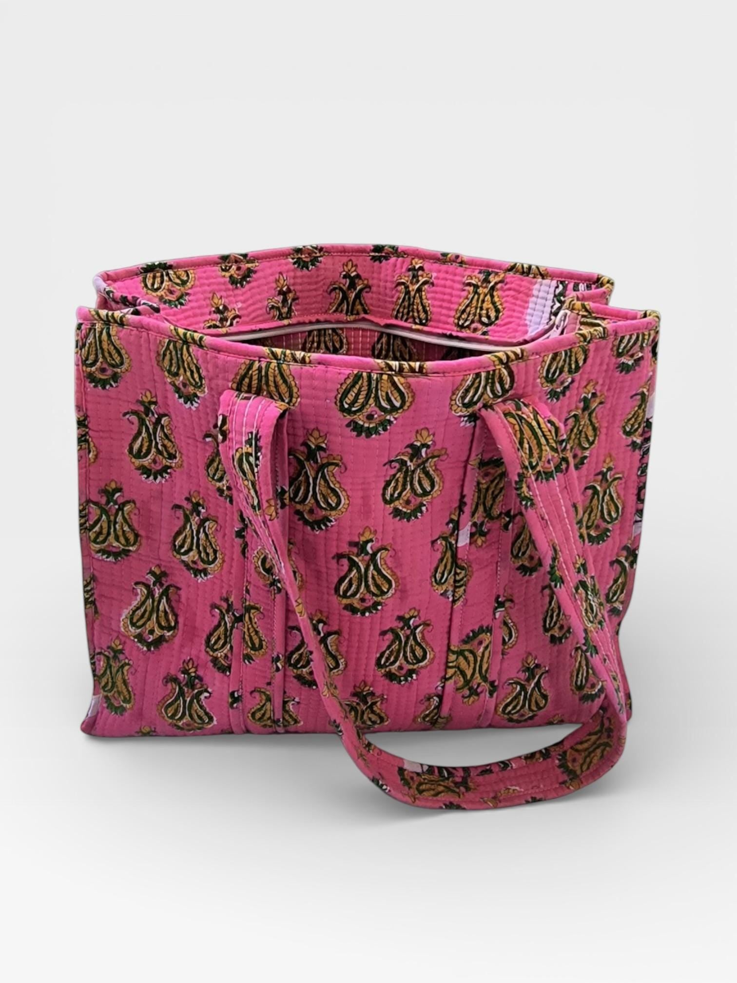Pink Block Print Quilted Tote Bag, Handmade Cotton Tote, Indian Blockprint Shoulder Bag, Boho Everyday Bag, Reusable Shopping Bag