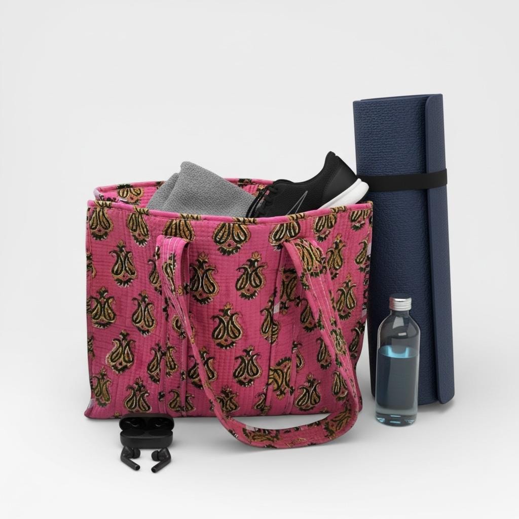 Pink Block Print Quilted Tote Bag, Handmade Cotton Tote, Indian Blockprint Shoulder Bag, Boho Everyday Bag, Reusable Shopping Bag