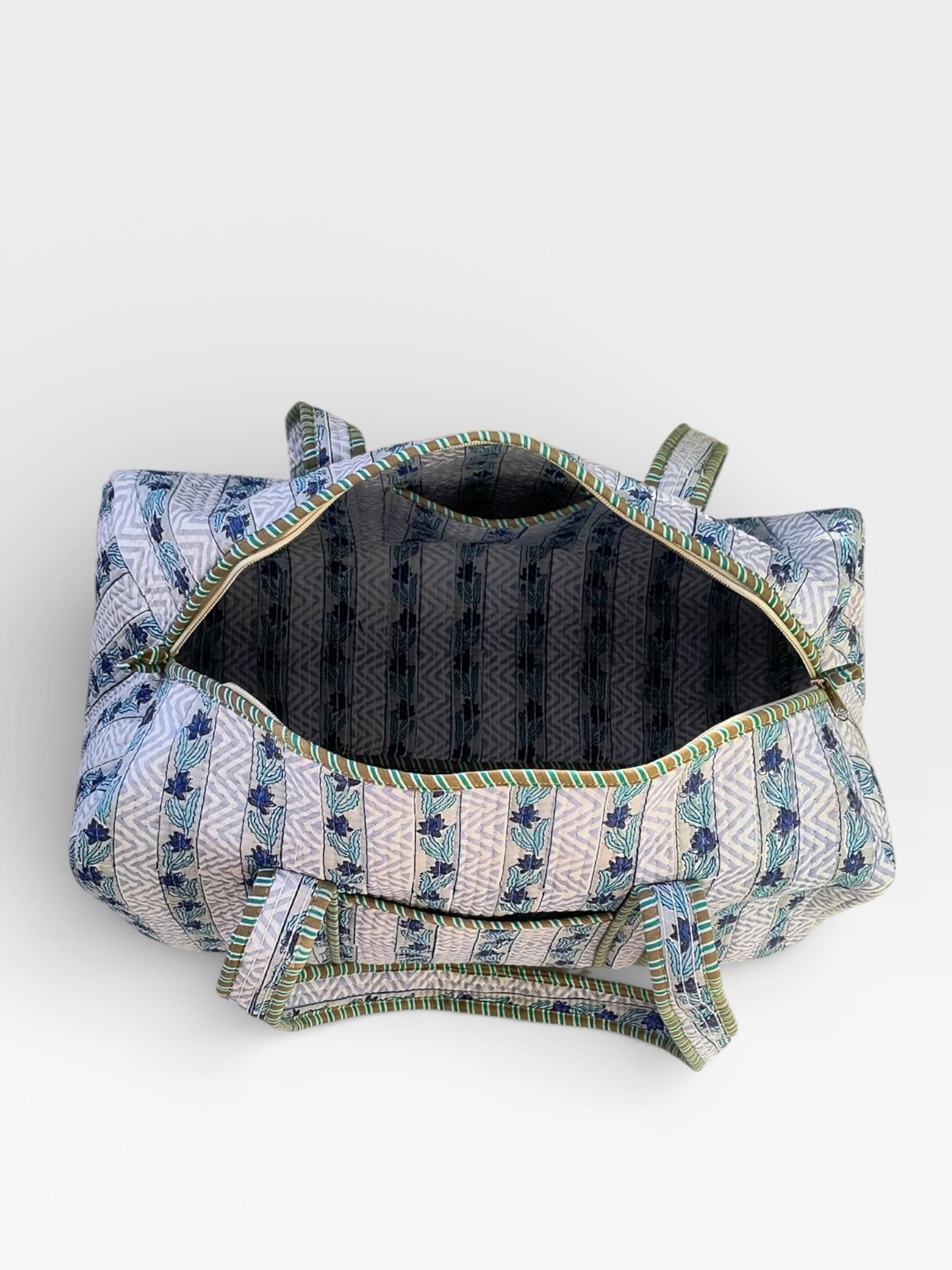 Blue Floral Block Print Quilted Duffle Bag | Handmade Cotton Weekender Bag | Indian Handblock Travel Bag | Boho Overnight Gym Bag