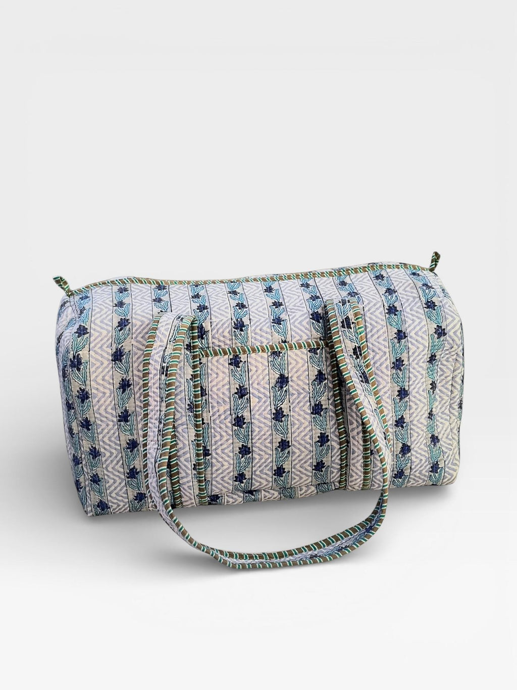 Blue Floral Block Print Quilted Duffle Bag | Handmade Cotton Weekender Bag | Indian Handblock Travel Bag | Boho Overnight Gym Bag