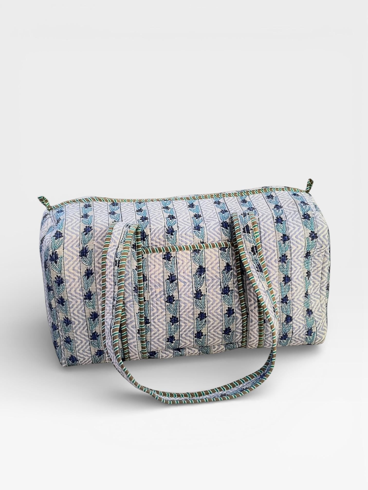 Blue Floral Block Print Quilted Duffle Bag | Handmade Cotton Weekender Bag | Indian Handblock Travel Bag | Boho Overnight Gym Bag