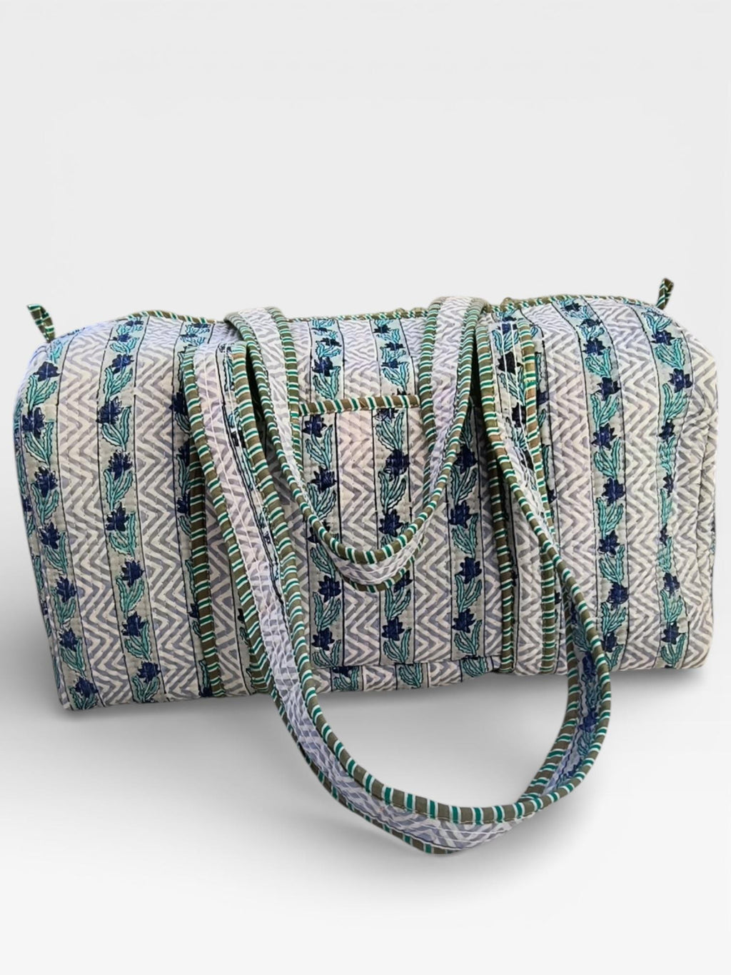 Blue Floral Block Print Quilted Duffle Bag | Handmade Cotton Weekender Bag | Indian Handblock Travel Bag | Boho Overnight Gym Bag