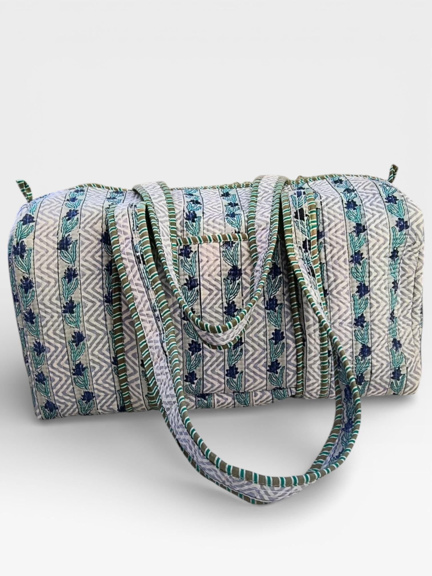 Blue Floral Block Print Quilted Duffle Bag | Handmade Cotton Weekender Bag | Indian Handblock Travel Bag | Boho Overnight Gym Bag