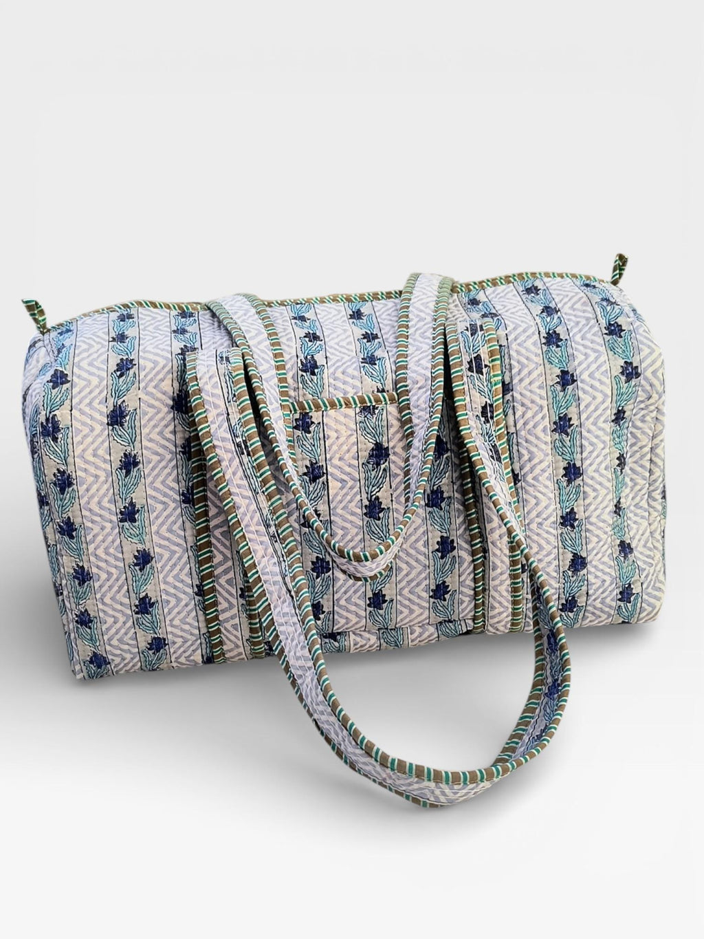 Blue Floral Block Print Quilted Duffle Bag | Handmade Cotton Weekender Bag | Indian Handblock Travel Bag | Boho Overnight Gym Bag