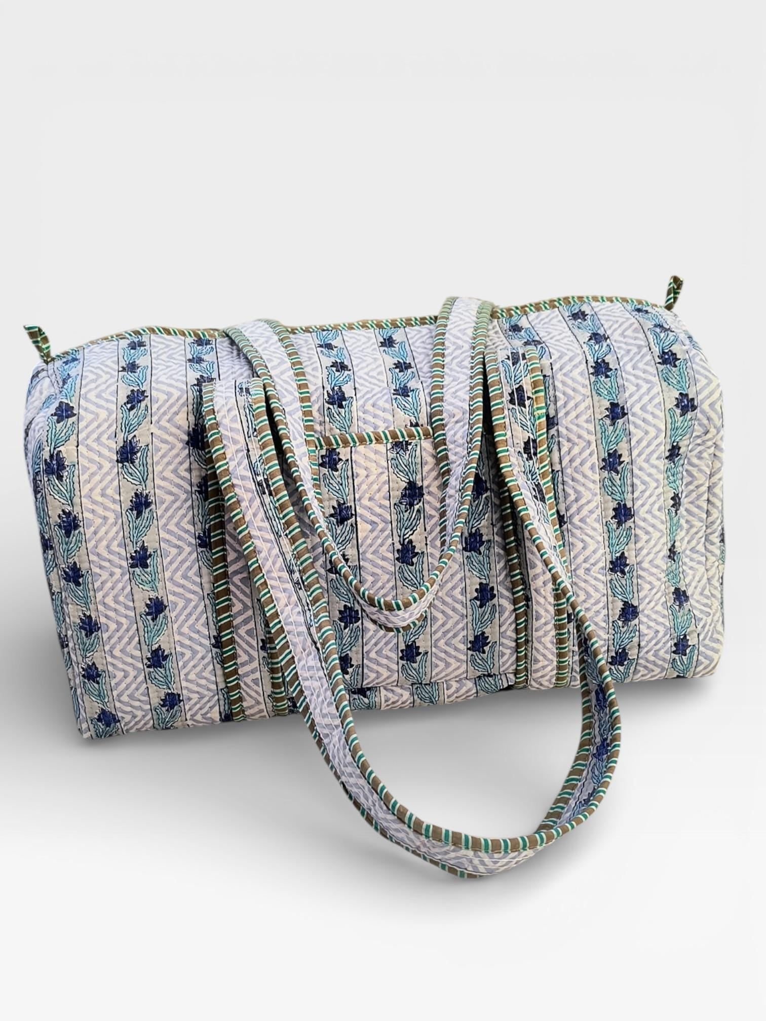 Blue Floral Block Print Quilted Duffle Bag | Handmade Cotton Weekender Bag | Indian Handblock Travel Bag | Boho Overnight Gym Bag