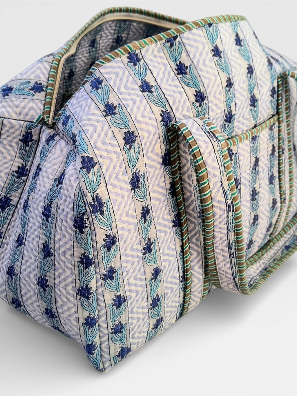Blue Floral Block Print Quilted Duffle Bag | Handmade Cotton Weekender Bag | Indian Handblock Travel Bag | Boho Overnight Gym Bag