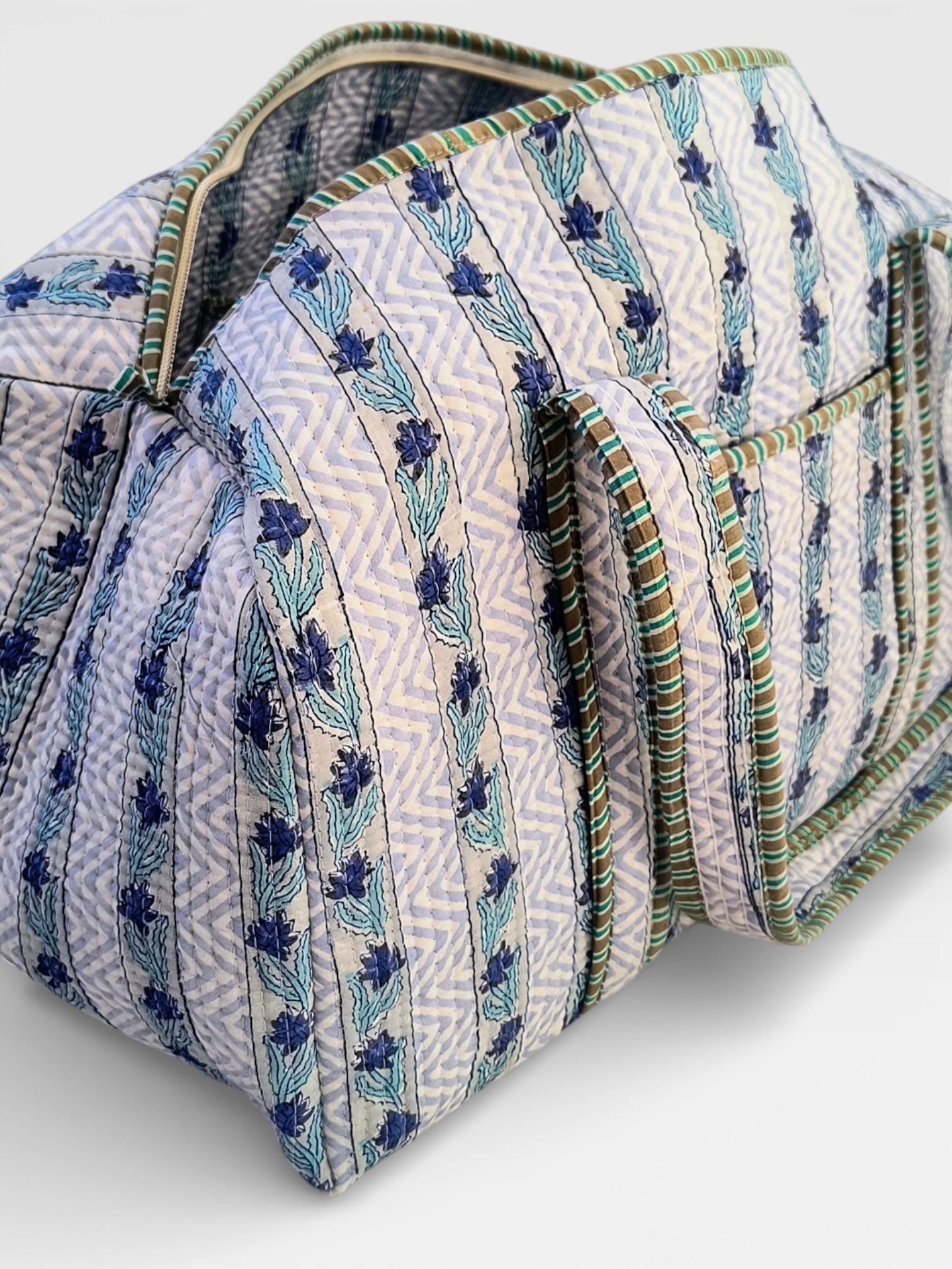 Blue Floral Block Print Quilted Duffle Bag | Handmade Cotton Weekender Bag | Indian Handblock Travel Bag | Boho Overnight Gym Bag