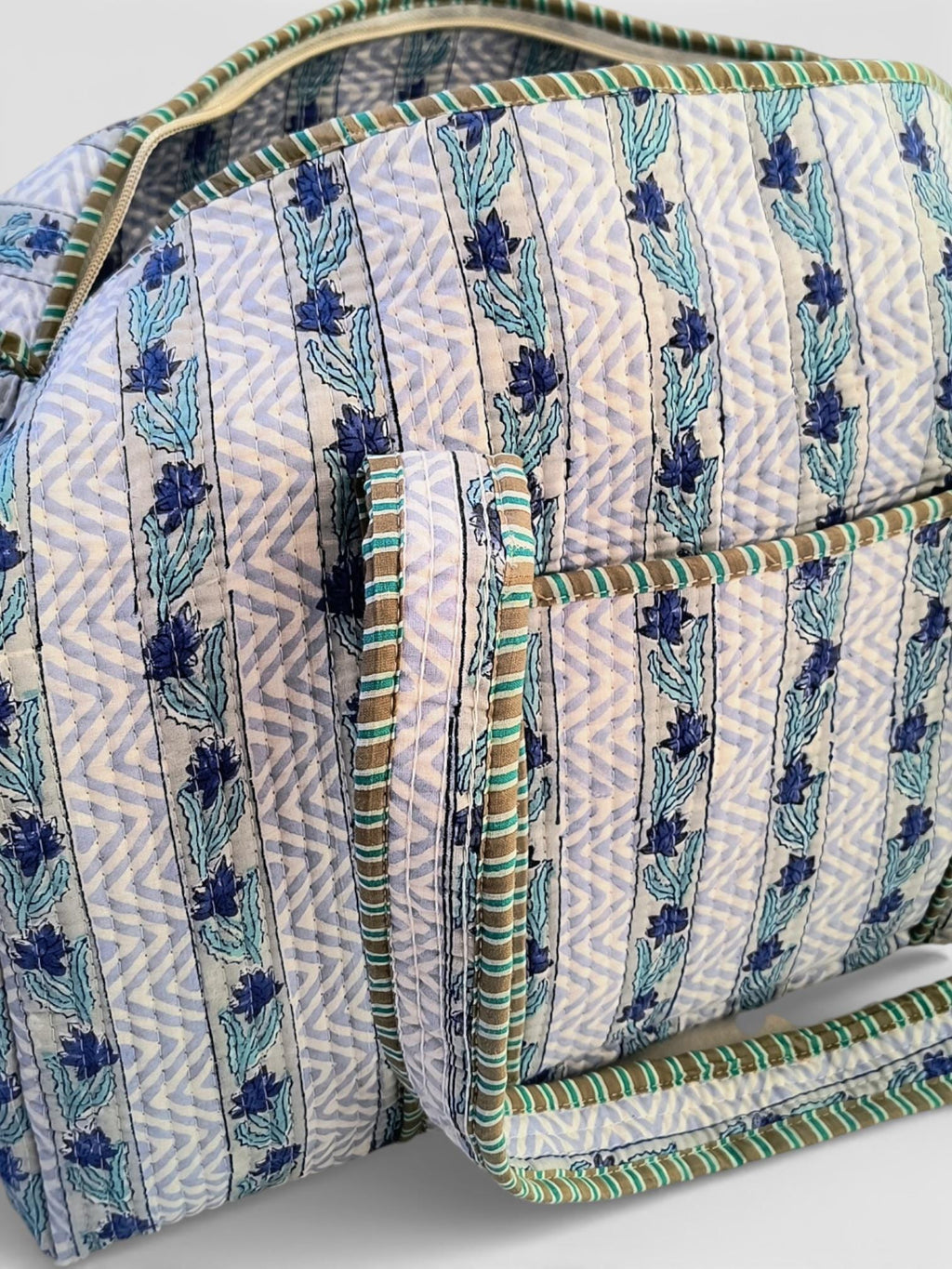 Blue Floral Block Print Quilted Duffle Bag | Handmade Cotton Weekender Bag | Indian Handblock Travel Bag | Boho Overnight Gym Bag