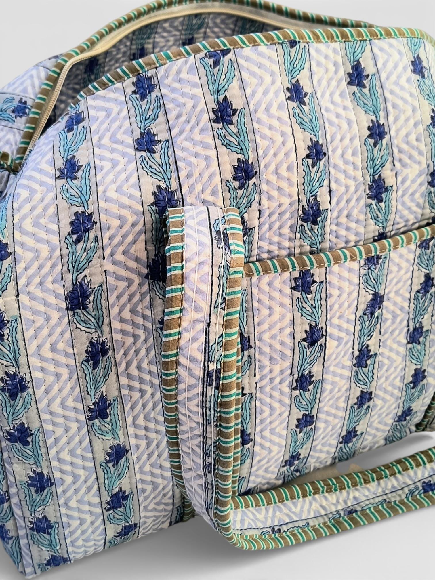 Blue Floral Block Print Quilted Duffle Bag | Handmade Cotton Weekender Bag | Indian Handblock Travel Bag | Boho Overnight Gym Bag