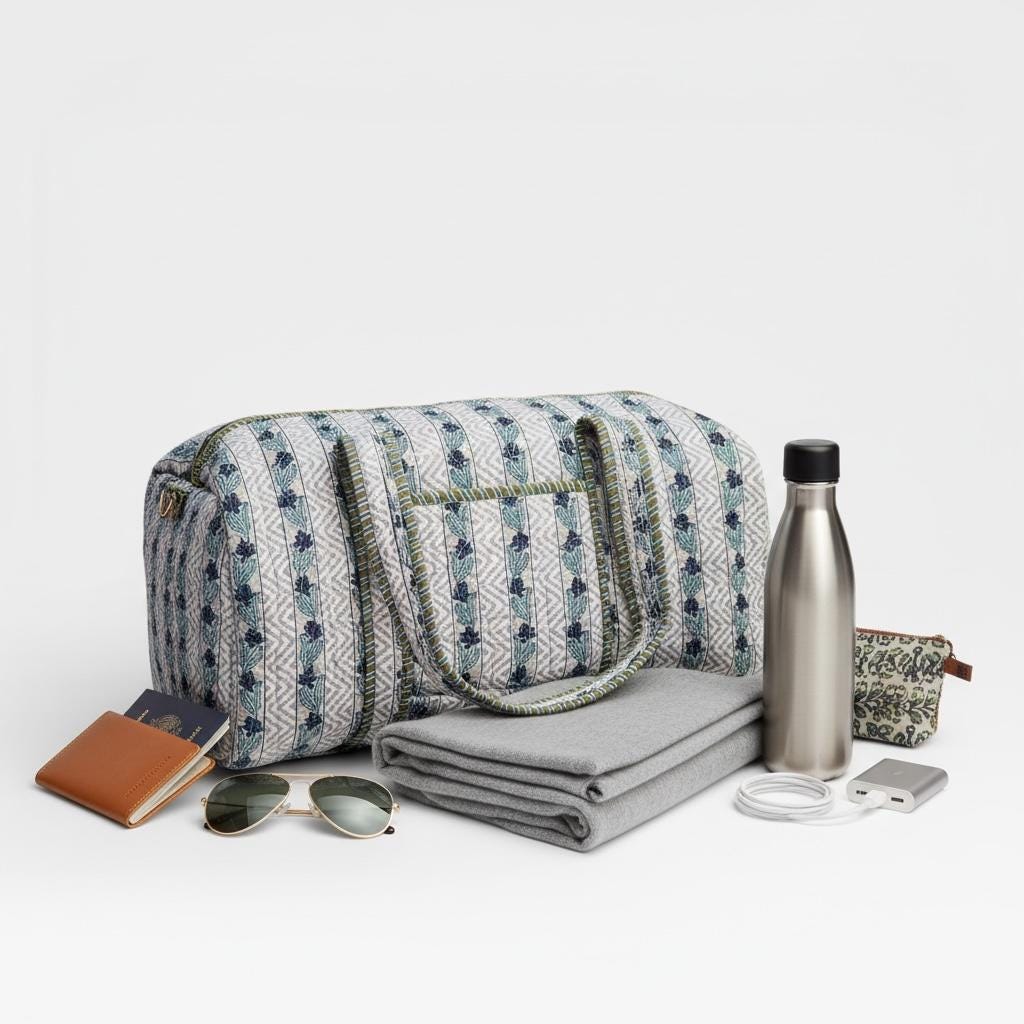 Blue Floral Block Print Quilted Duffle Bag | Handmade Cotton Weekender Bag | Indian Handblock Travel Bag | Boho Overnight Gym Bag