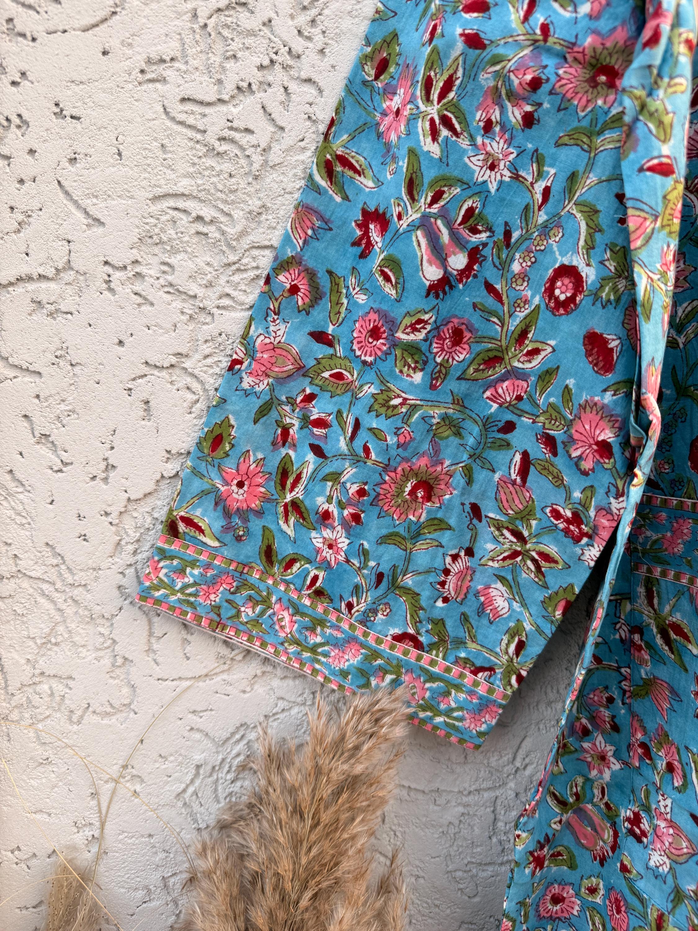 Hand Block Print Cotton Bathrobe – Floral Blue Kimono Robe – Lightweight Women’s Dressing Gown – Soft Cotton Spa Robe – Handmade Loungewear