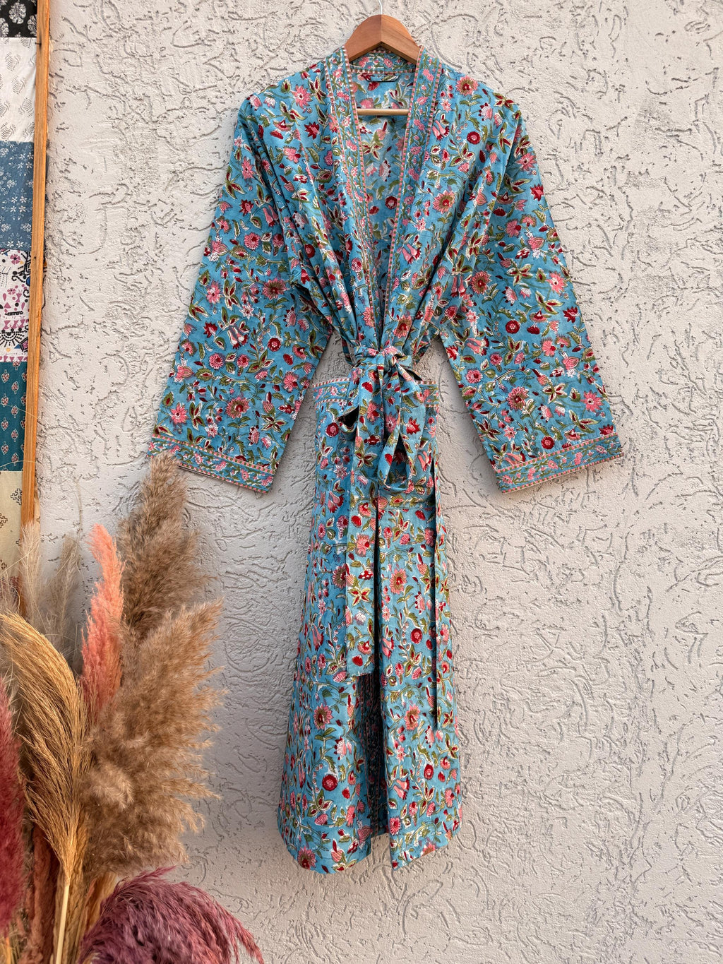 Hand Block Print Cotton Bathrobe – Floral Blue Kimono Robe – Lightweight Women’s Dressing Gown – Soft Cotton Spa Robe – Handmade Loungewear
