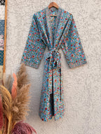 Hand Block Print Cotton Bathrobe – Floral Blue Kimono Robe – Lightweight Women’s Dressing Gown – Soft Cotton Spa Robe – Handmade Loungewear