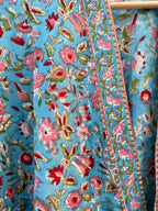 Hand Block Print Cotton Bathrobe – Floral Blue Kimono Robe – Lightweight Women’s Dressing Gown – Soft Cotton Spa Robe – Handmade Loungewear