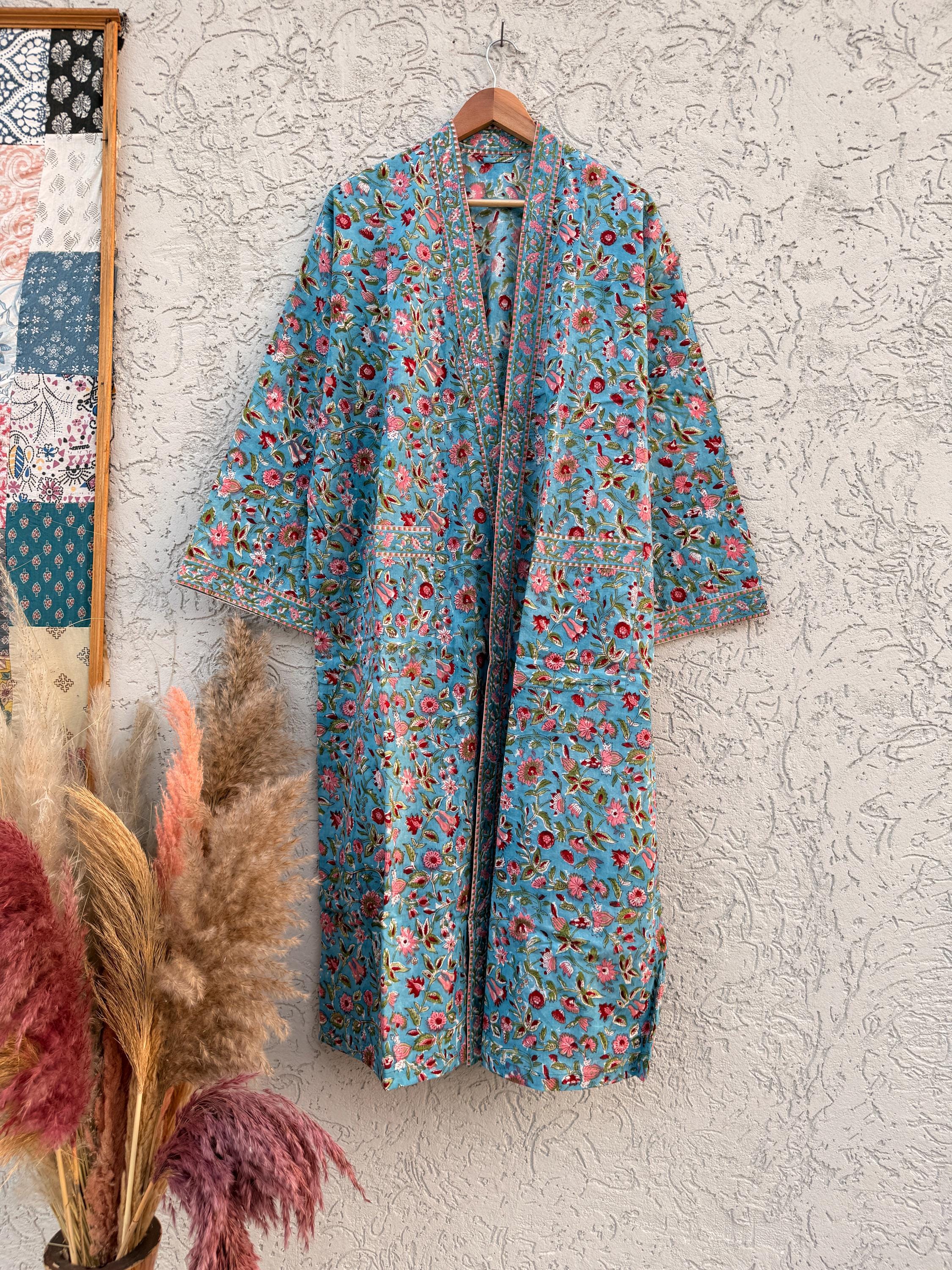 Hand Block Print Cotton Bathrobe – Floral Blue Kimono Robe – Lightweight Women’s Dressing Gown – Soft Cotton Spa Robe – Handmade Loungewear