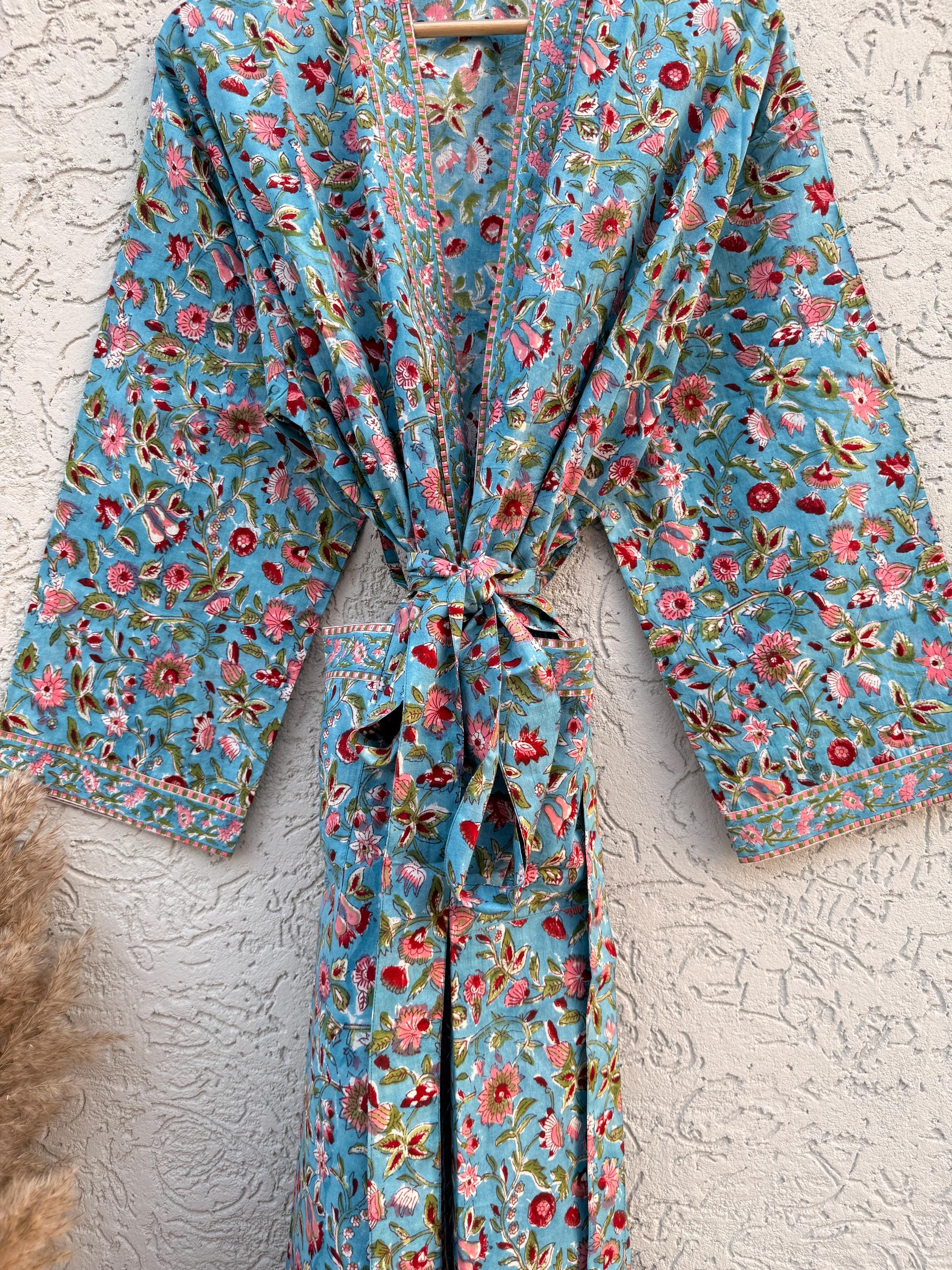 Hand Block Print Cotton Bathrobe – Floral Blue Kimono Robe – Lightweight Women’s Dressing Gown – Soft Cotton Spa Robe – Handmade Loungewear