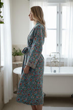 Hand Block Print Cotton Bathrobe – Floral Blue Kimono Robe – Lightweight Women’s Dressing Gown – Soft Cotton Spa Robe – Handmade Loungewear