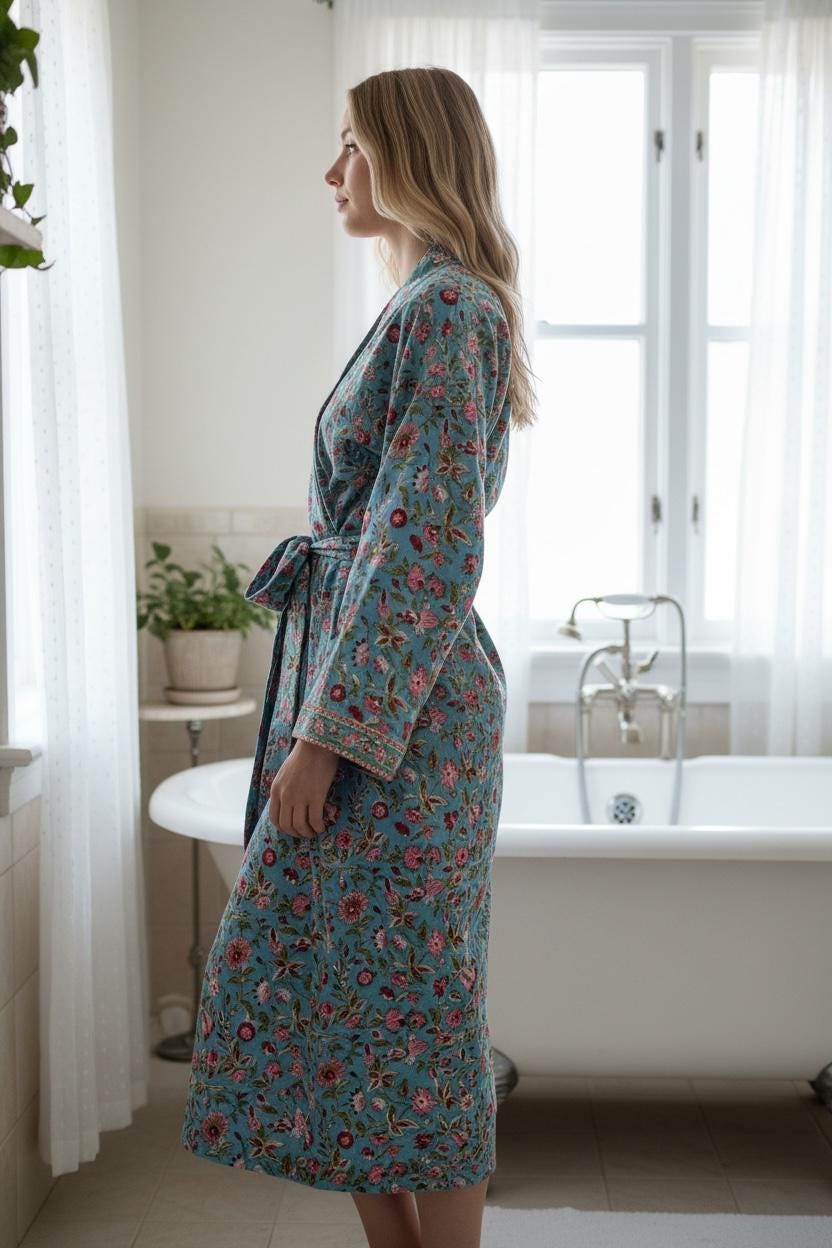 Hand Block Print Cotton Bathrobe – Floral Blue Kimono Robe – Lightweight Women’s Dressing Gown – Soft Cotton Spa Robe – Handmade Loungewear