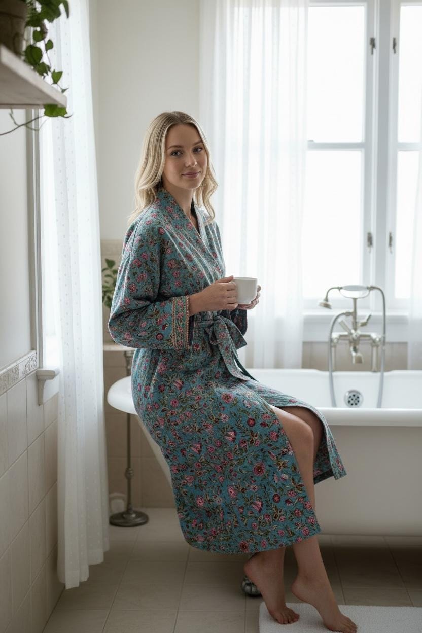 Hand Block Print Cotton Bathrobe – Floral Blue Kimono Robe – Lightweight Women’s Dressing Gown – Soft Cotton Spa Robe – Handmade Loungewear