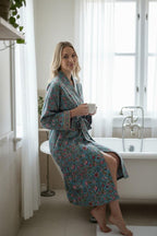 Hand Block Print Cotton Bathrobe – Floral Blue Kimono Robe – Lightweight Women’s Dressing Gown – Soft Cotton Spa Robe – Handmade Loungewear