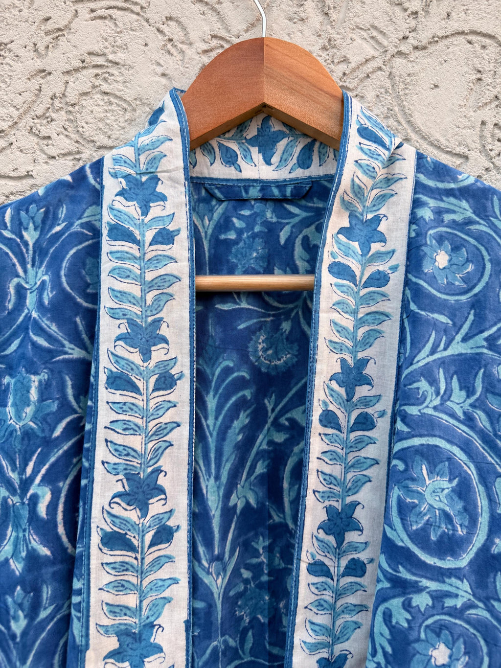 Blue Hand Block Print Cotton Bathrobe – Floral Indian Kimono Robe – Lightweight Spa Robe with Belt & Pockets – Handmade Boho Dressing Gown