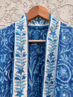Blue Hand Block Print Cotton Bathrobe – Floral Indian Kimono Robe – Lightweight Spa Robe with Belt & Pockets – Handmade Boho Dressing Gown