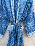 Blue Hand Block Print Cotton Bathrobe – Floral Indian Kimono Robe – Lightweight Spa Robe with Belt & Pockets – Handmade Boho Dressing Gown