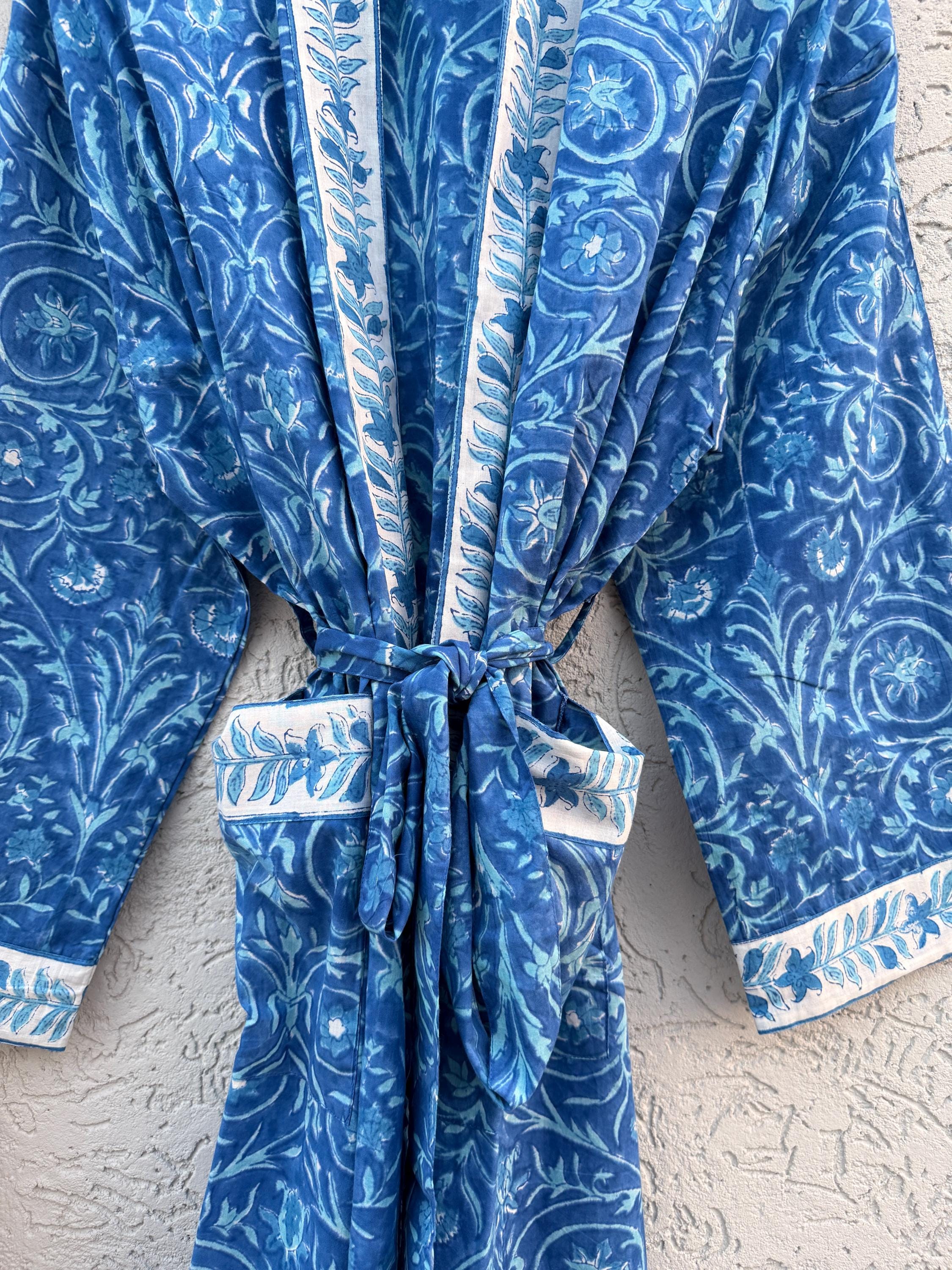 Blue Hand Block Print Cotton Bathrobe – Floral Indian Kimono Robe – Lightweight Spa Robe with Belt & Pockets – Handmade Boho Dressing Gown