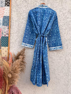 Blue Hand Block Print Cotton Bathrobe – Floral Indian Kimono Robe – Lightweight Spa Robe with Belt & Pockets – Handmade Boho Dressing Gown