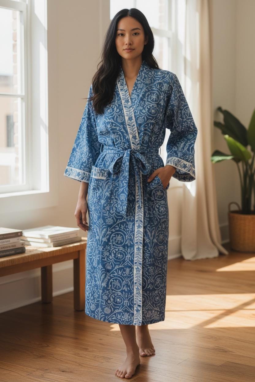 Blue Hand Block Print Cotton Bathrobe – Floral Indian Kimono Robe – Lightweight Spa Robe with Belt & Pockets – Handmade Boho Dressing Gown