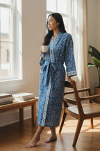 Blue Hand Block Print Cotton Bathrobe – Floral Indian Kimono Robe – Lightweight Spa Robe with Belt & Pockets – Handmade Boho Dressing Gown