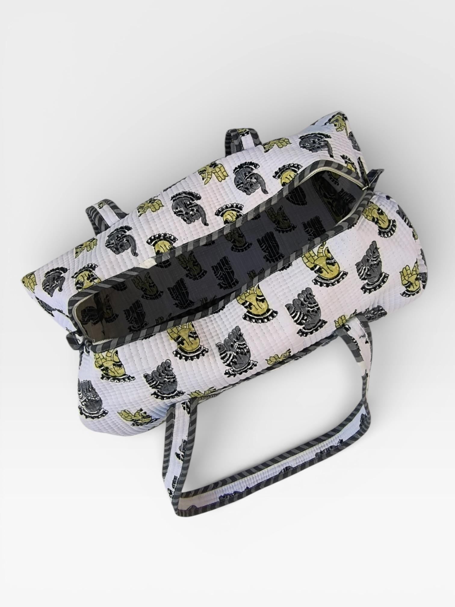 Hand Block Print Cotton Duffle Bag, Waffle Fabric Travel Bag, Handmade Weekend Bag, Lightweight Gym Bag, Eco Friendly Gift