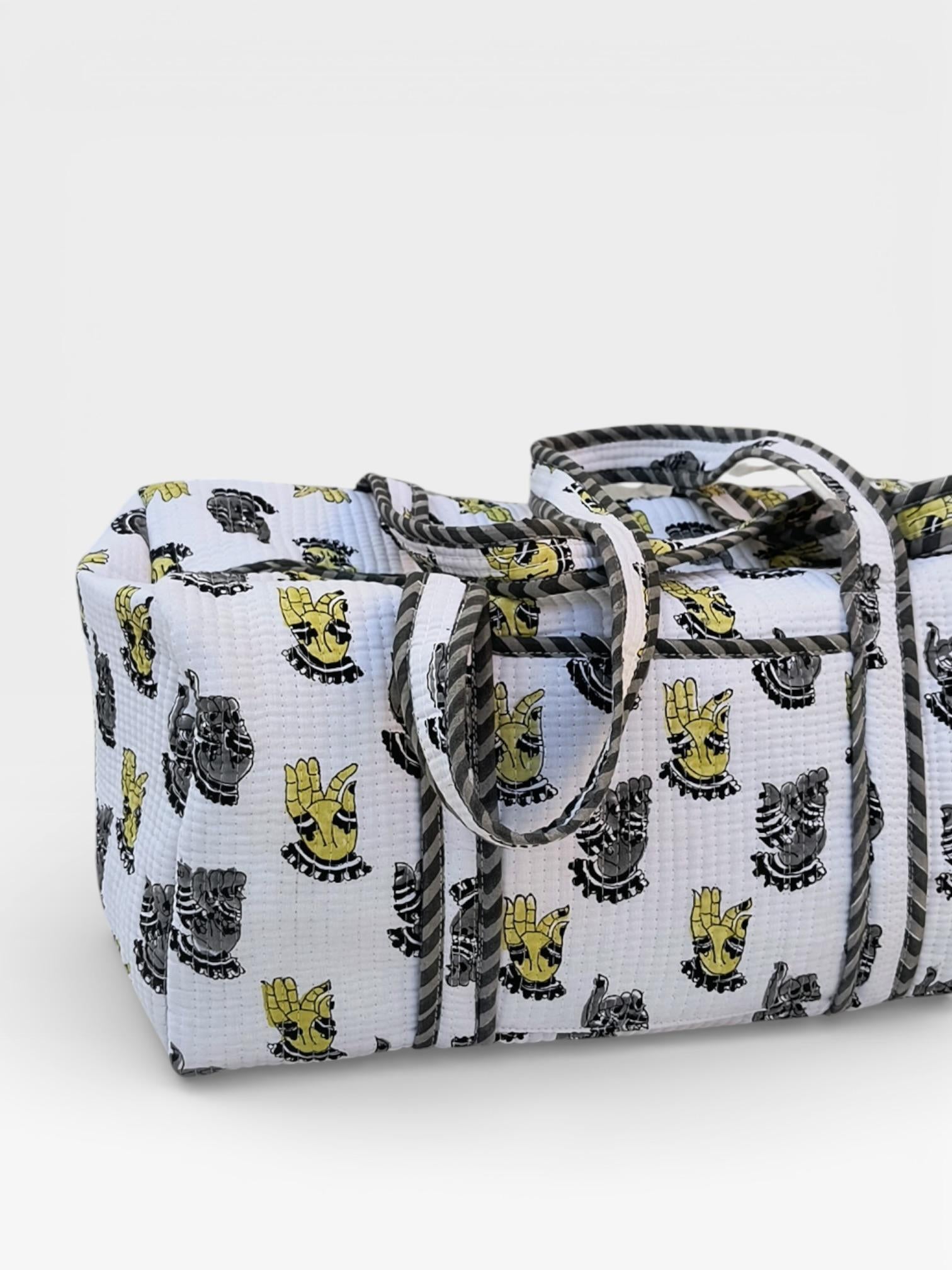 Hand Block Print Cotton Duffle Bag, Waffle Fabric Travel Bag, Handmade Weekend Bag, Lightweight Gym Bag, Eco Friendly Gift