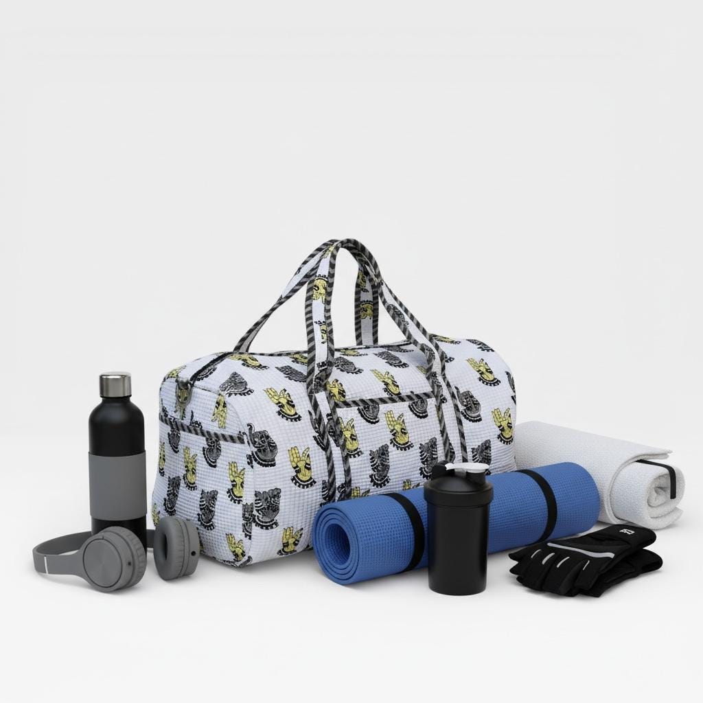 Hand Block Print Cotton Duffle Bag, Waffle Fabric Travel Bag, Handmade Weekend Bag, Lightweight Gym Bag, Eco Friendly Gift