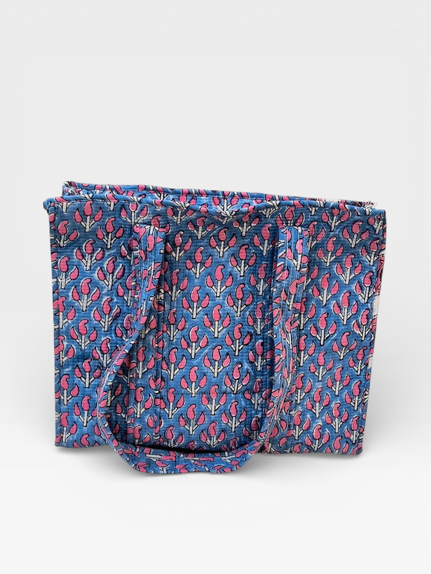 Hand Block Print Cotton Tote Bag, Blue Floral Blockprint Shoulder Bag, Handmade Quilted Tote, Eco Friendly Shopping Bag, Everyday Carry Bag