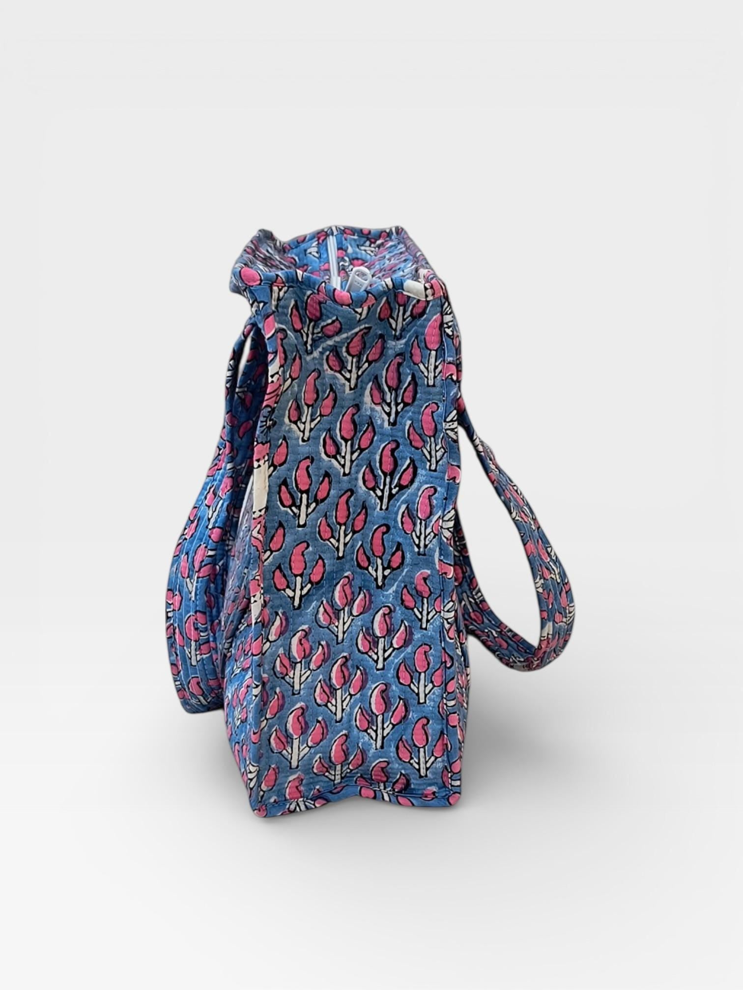 Hand Block Print Cotton Tote Bag, Blue Floral Blockprint Shoulder Bag, Handmade Quilted Tote, Eco Friendly Shopping Bag, Everyday Carry Bag