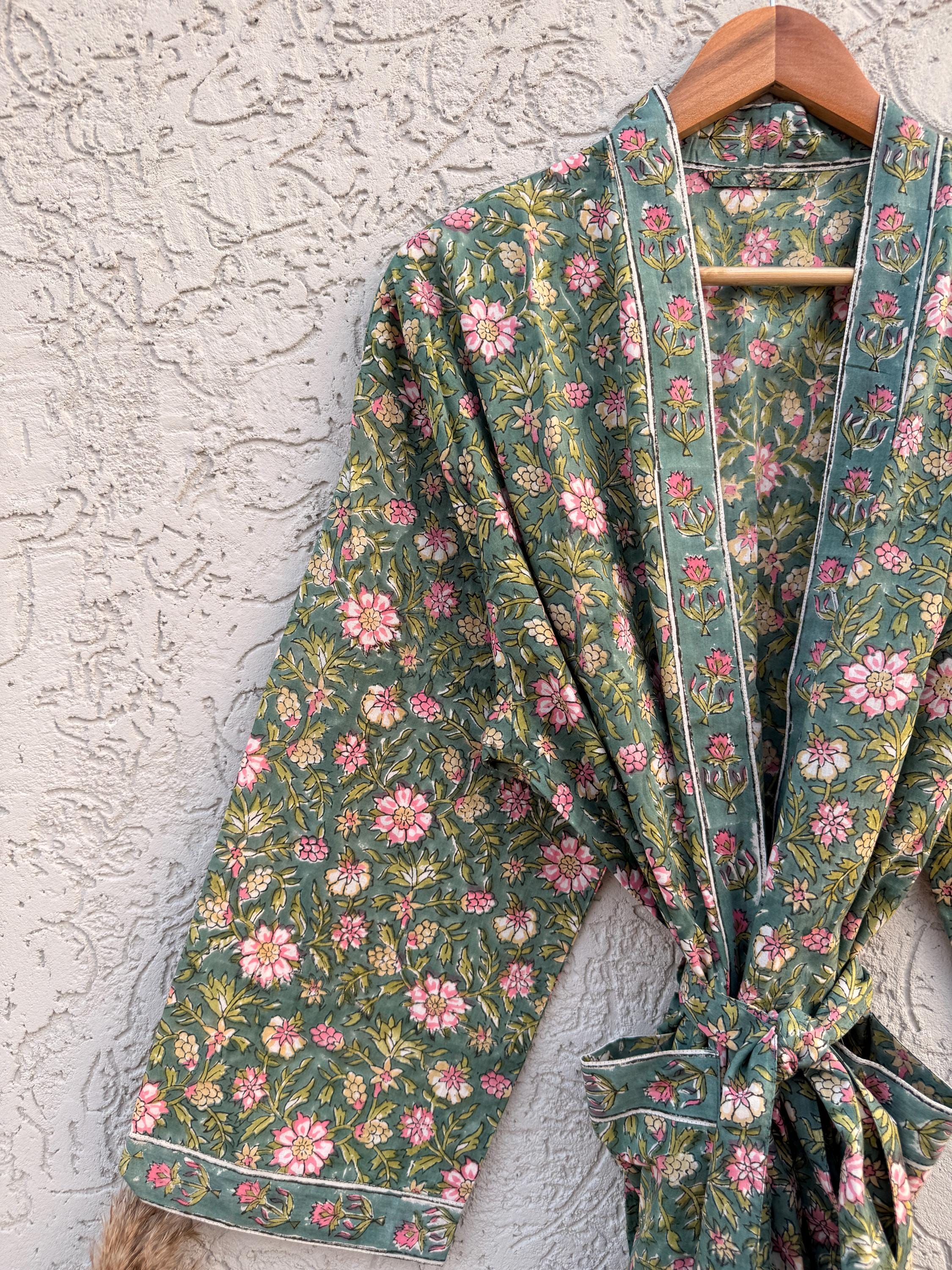 Green Floral Cotton Block Print Bathrobe, Handmade Kimono Robe, Soft Lightweight Dressing Gown, Spa Robe, Bridesmaid Gift