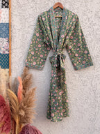 Green Floral Cotton Block Print Bathrobe, Handmade Kimono Robe, Soft Lightweight Dressing Gown, Spa Robe, Bridesmaid Gift
