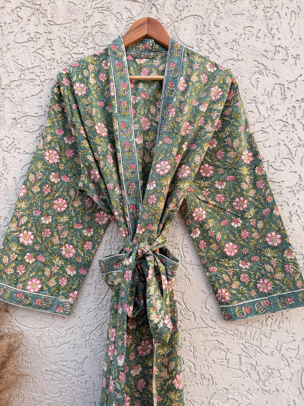Green Floral Cotton Block Print Bathrobe, Handmade Kimono Robe, Soft Lightweight Dressing Gown, Spa Robe, Bridesmaid Gift