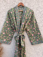 Green Floral Cotton Block Print Bathrobe, Handmade Kimono Robe, Soft Lightweight Dressing Gown, Spa Robe, Bridesmaid Gift