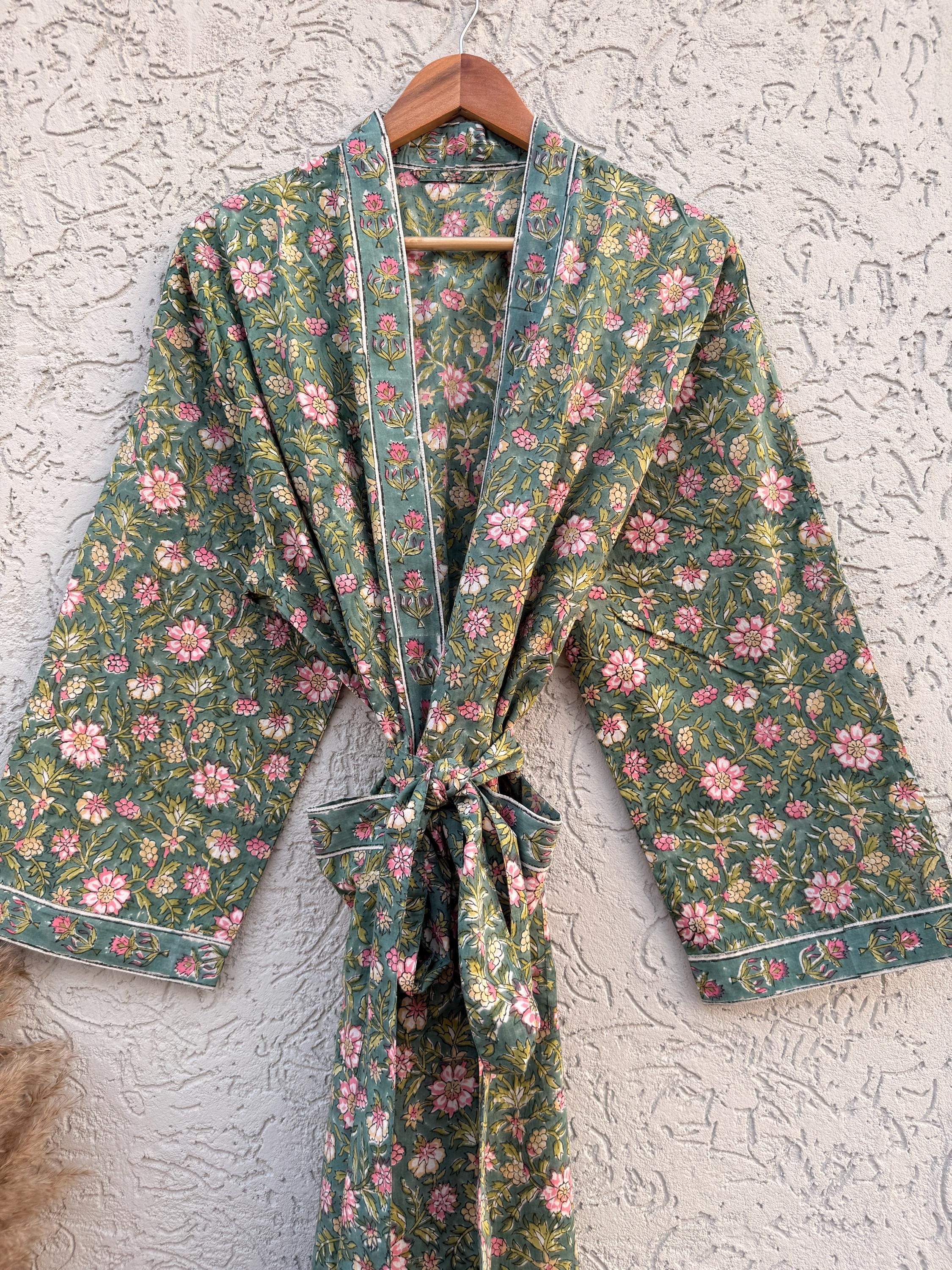 Green Floral Cotton Block Print Bathrobe, Handmade Kimono Robe, Soft Lightweight Dressing Gown, Spa Robe, Bridesmaid Gift