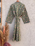 Green Floral Cotton Block Print Bathrobe, Handmade Kimono Robe, Soft Lightweight Dressing Gown, Spa Robe, Bridesmaid Gift