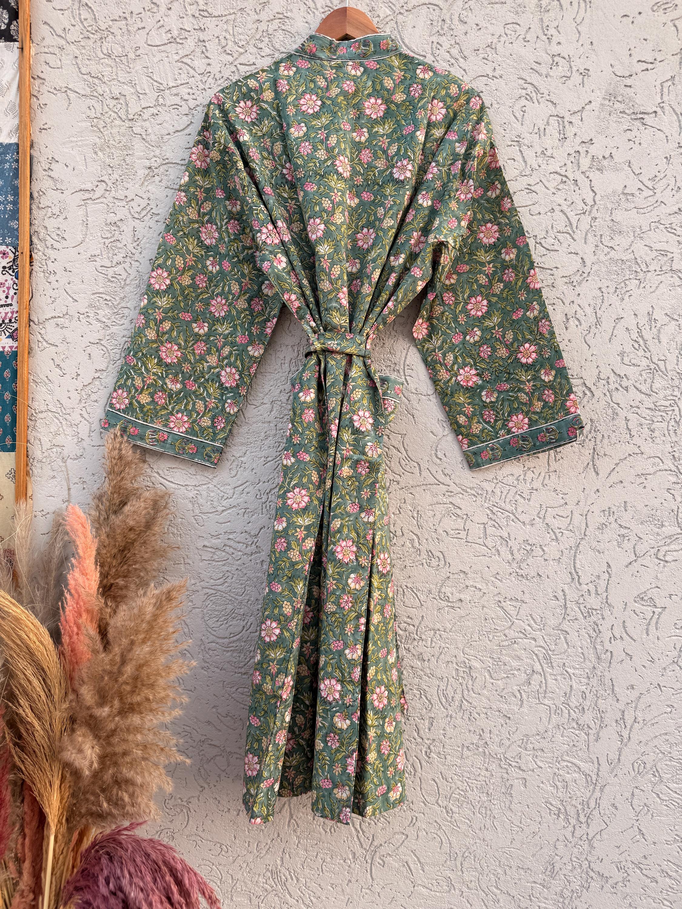 Green Floral Cotton Block Print Bathrobe, Handmade Kimono Robe, Soft Lightweight Dressing Gown, Spa Robe, Bridesmaid Gift