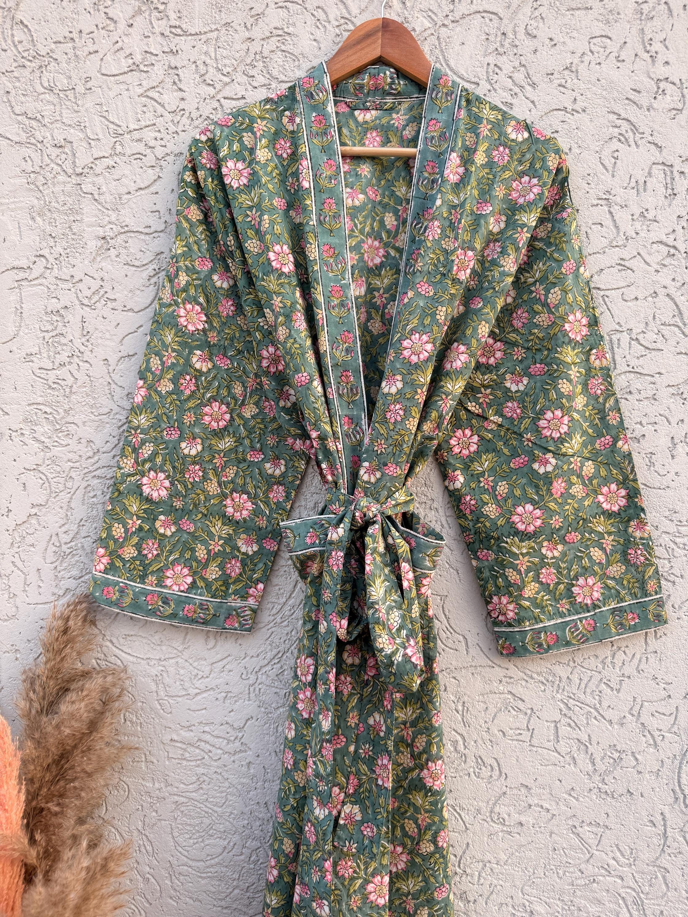 Green Floral Cotton Block Print Bathrobe, Handmade Kimono Robe, Soft Lightweight Dressing Gown, Spa Robe, Bridesmaid Gift