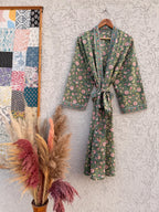Green Floral Cotton Block Print Bathrobe, Handmade Kimono Robe, Soft Lightweight Dressing Gown, Spa Robe, Bridesmaid Gift