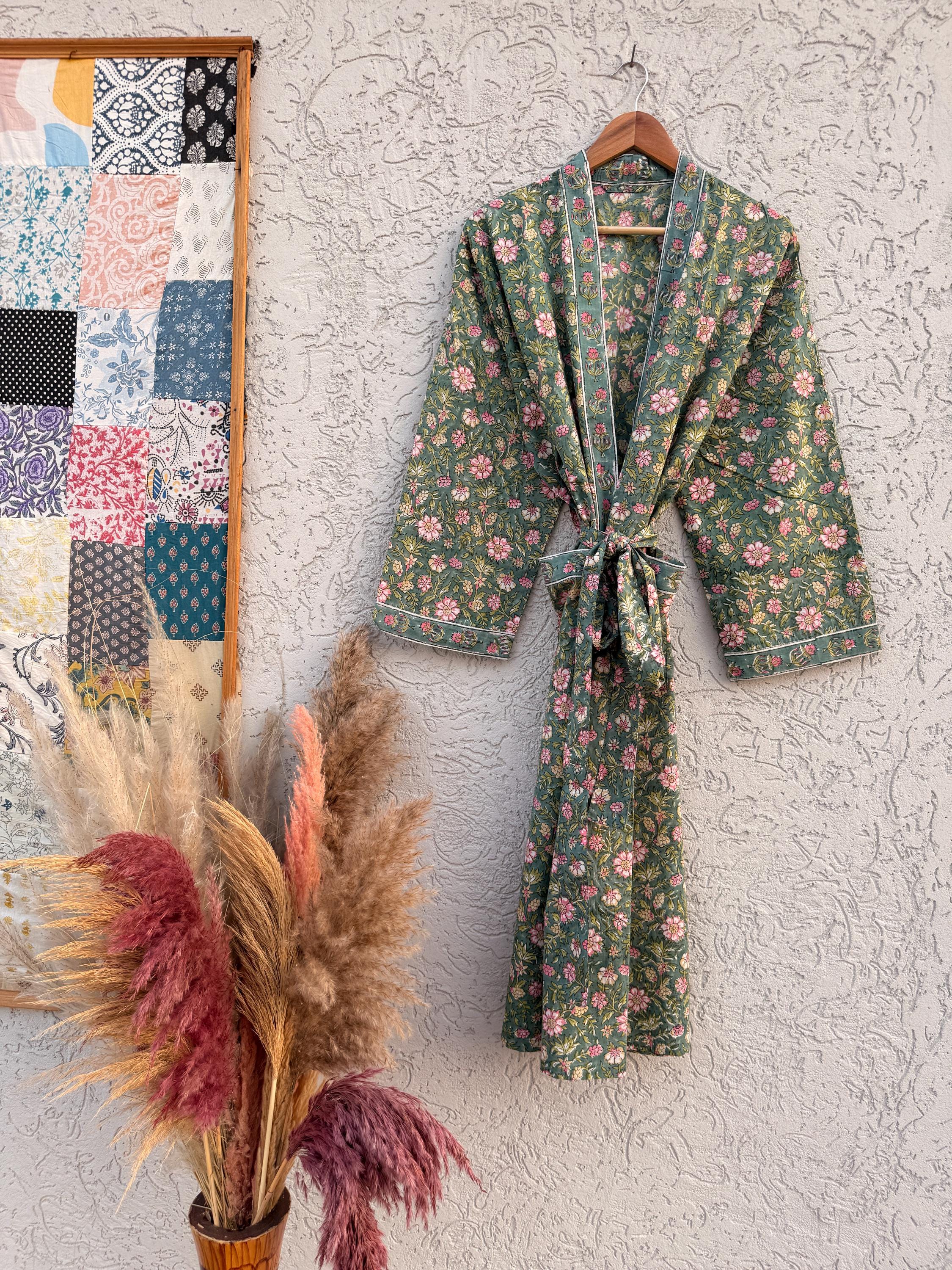 Green Floral Cotton Block Print Bathrobe, Handmade Kimono Robe, Soft Lightweight Dressing Gown, Spa Robe, Bridesmaid Gift